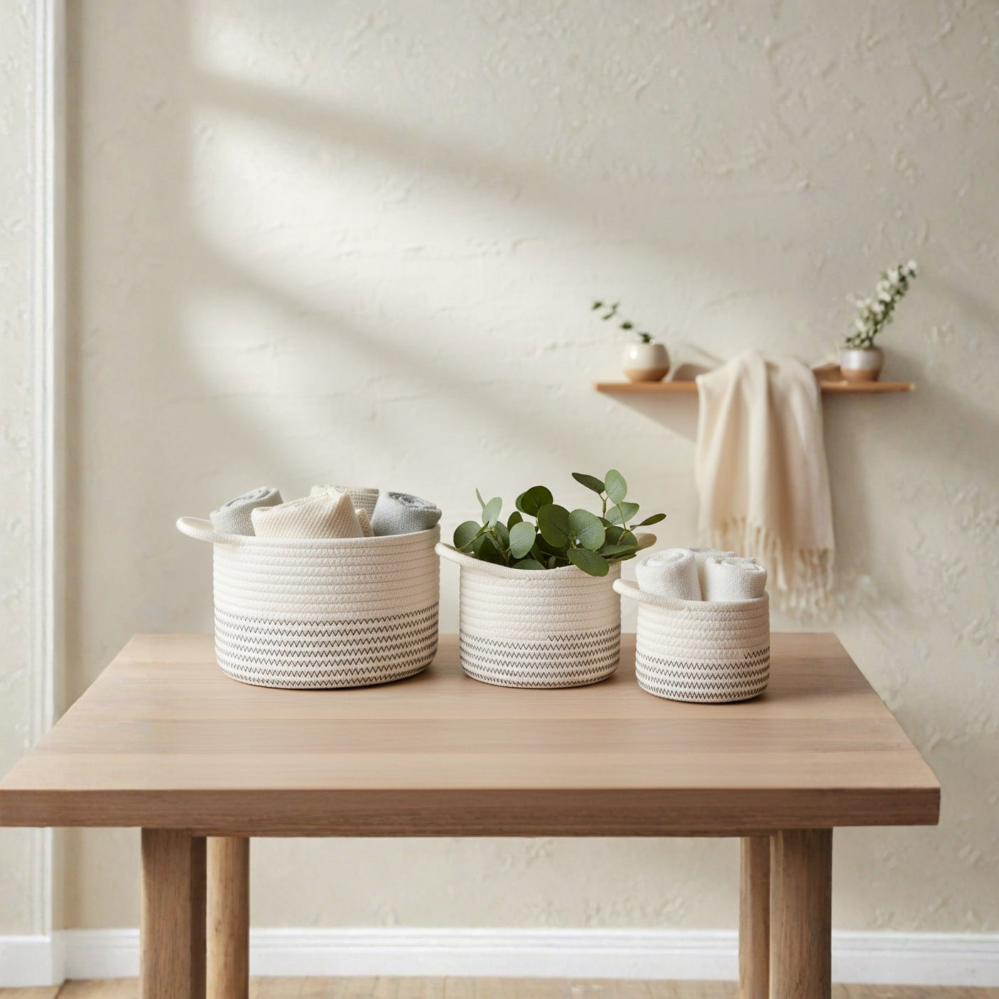 Algar oppbevaringskurver i hvit og grå bomull, sett med 3 størrelser Ø13-20 cm