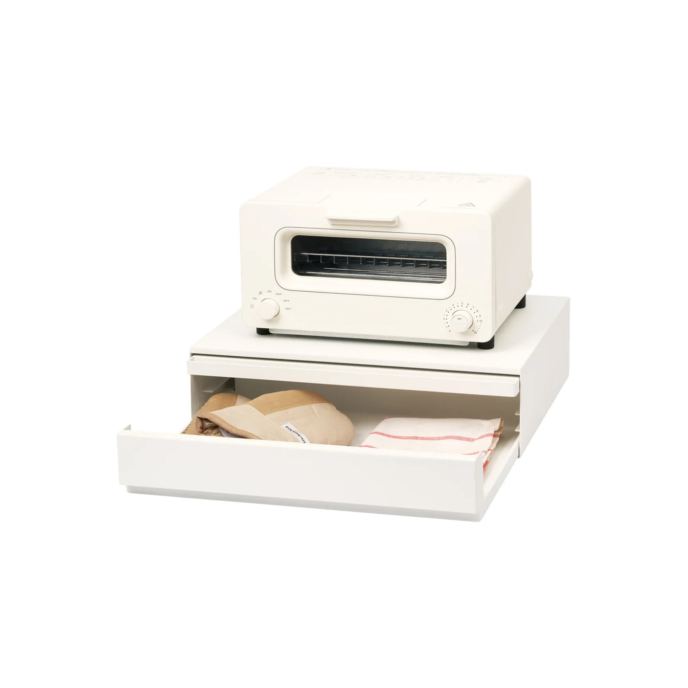 Hvit benkorganizer med skuff og uttrekkbar hylle til kjøkkenbenk