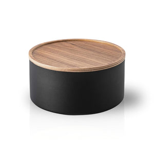 Sort oppbevaringsboks med teksturert matt finish og lokk i kryssfiner