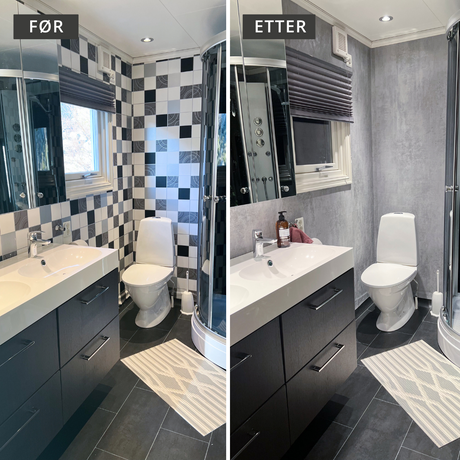 Mikrosement kontaktplast montert på kjøkkenbenk med betonglook
