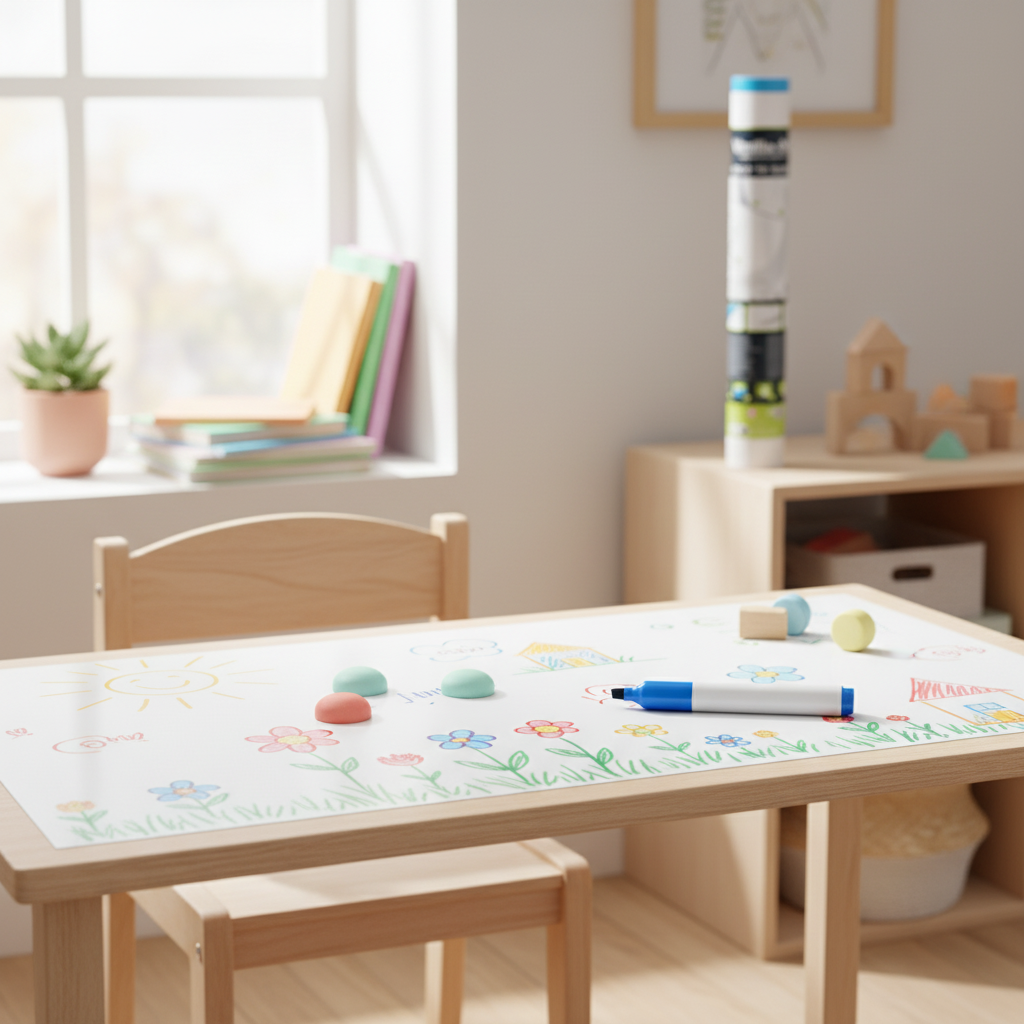 Barnebord med whiteboardfolie og magnetiske figurer