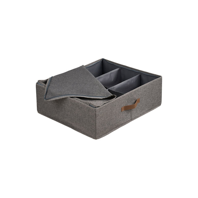 Noto oppbevaringskurv i mørk grå tekstil med lokk og brunt PU-håndtak