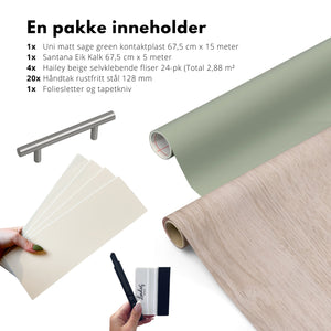 komplett kjøkkenkit til billig oppussing av kjøkken til grønne skap, lys eik benkeplate og beige fliser ala Halvor Bakke-stil på Eventyrlig oppussing