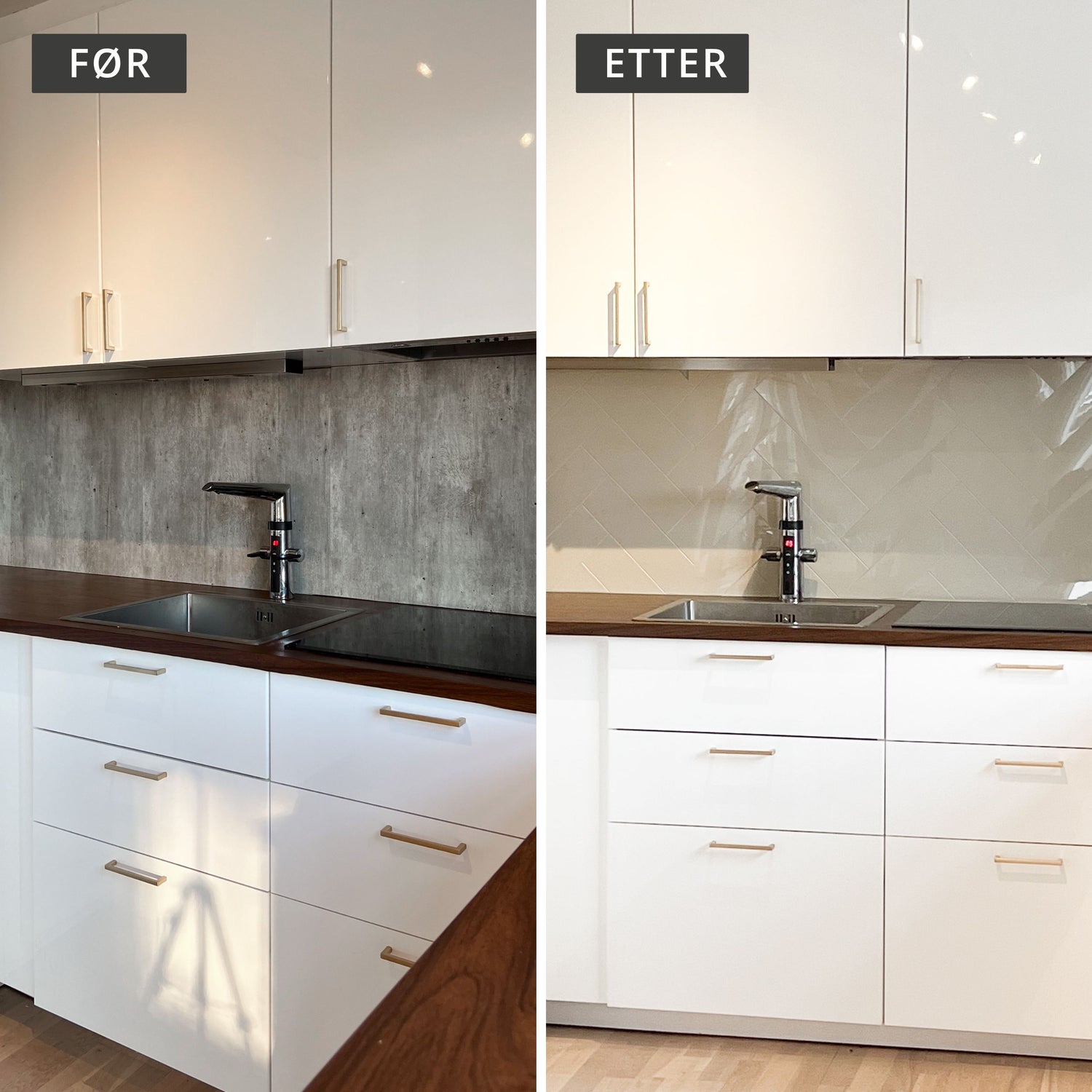 Før og etter bilde med Hailey beige fliser montert for et lysere, mer eksklusivt kjøkken.