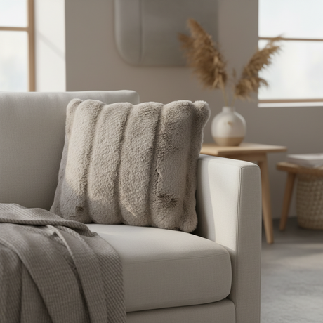 Avtagbart trekk med glidelås på beige kunstpels pyntepute