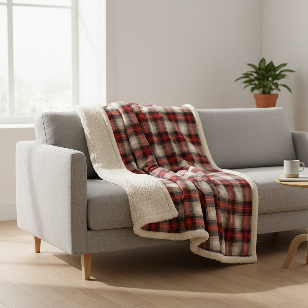 Pledd rutet rød God Jul sherpa