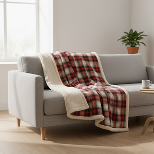 Pledd rutet rød God Jul sherpa