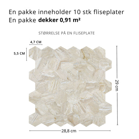 Grace hexagon selvklebende veggfliser i beige marmor med sekskantmønster for elegant interiør