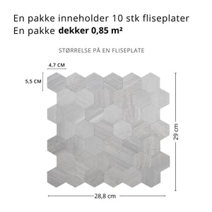 10-pk Hexagon lysegrå betong selvklebende veggfliser