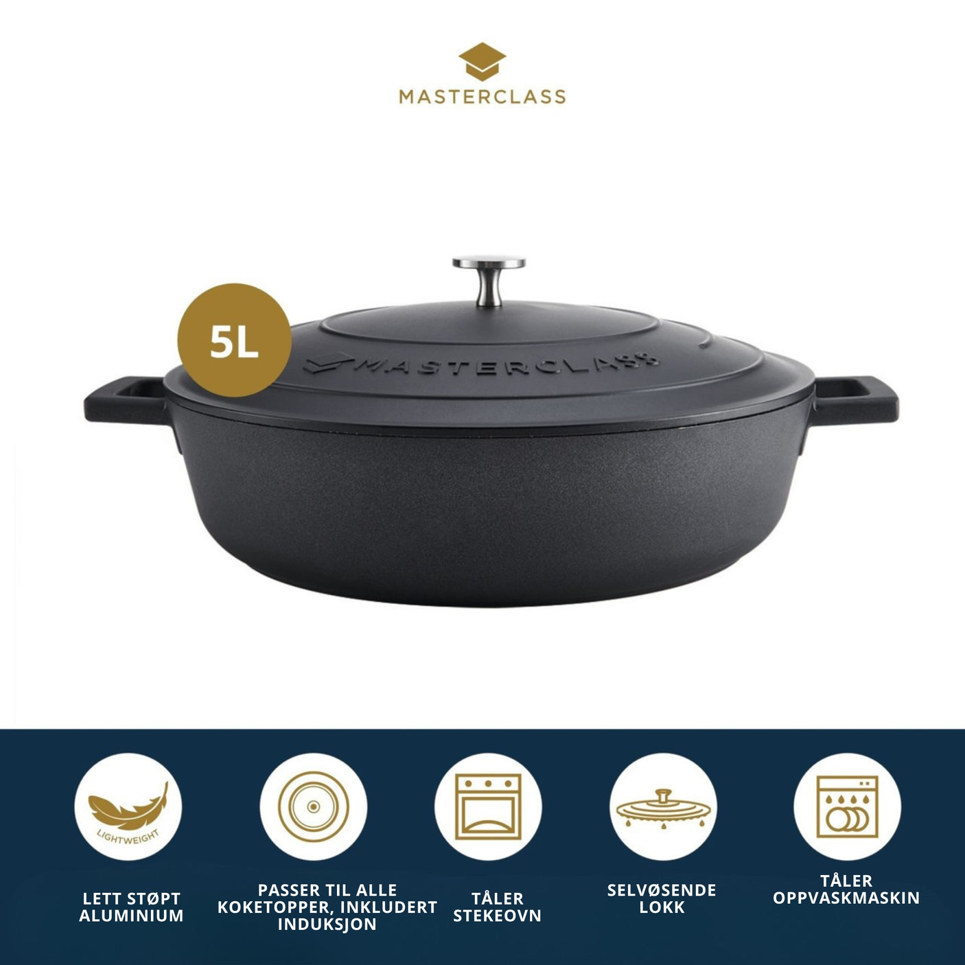 Gryte i støpt aluminium med bred form og god kapasitet til middag