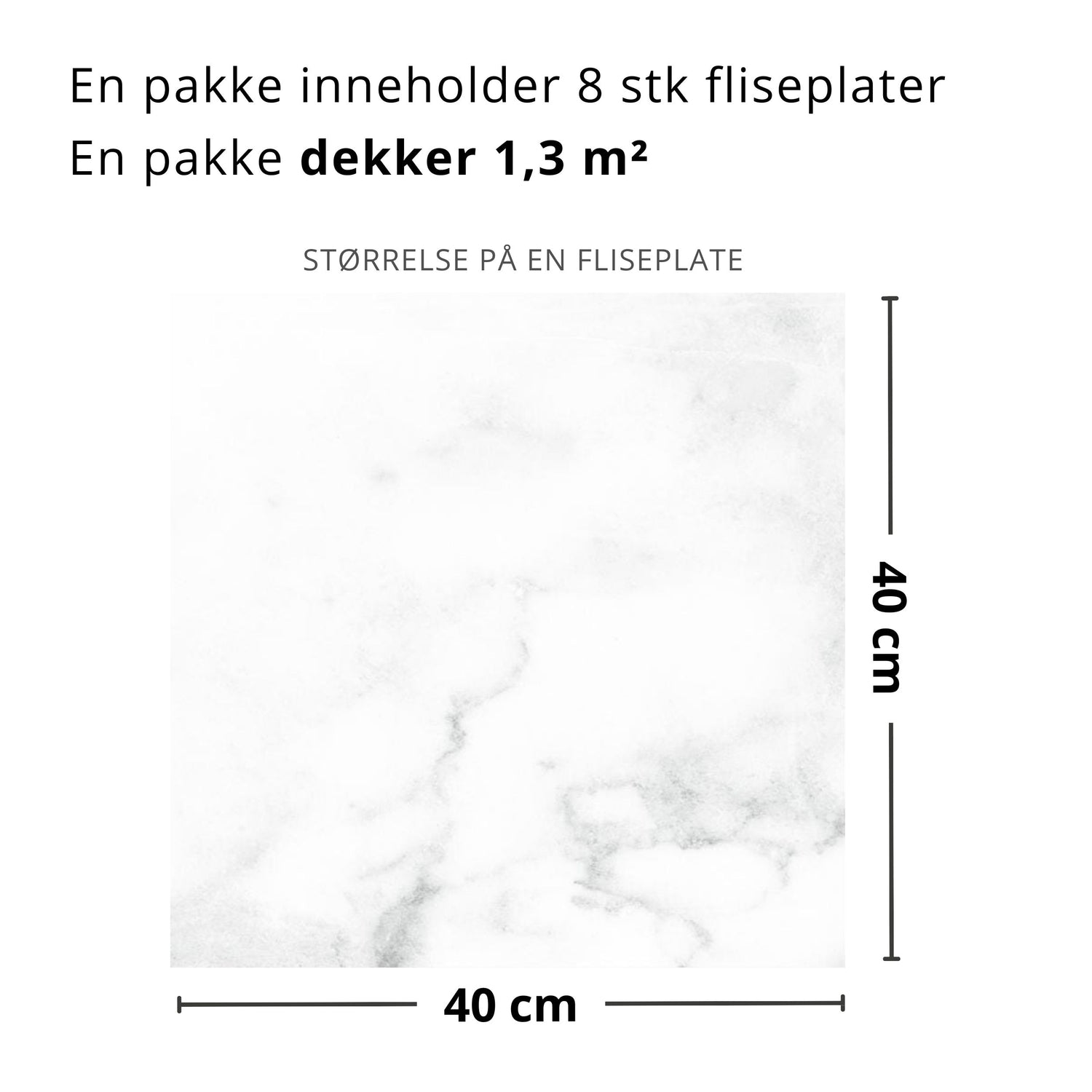 Hvit marmorlook med subtil grå struktur for et rolig uttrykk.

