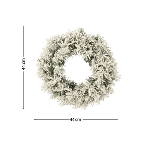 Snødekket julekrans med diameter 44 cm, produktbilde med mål.