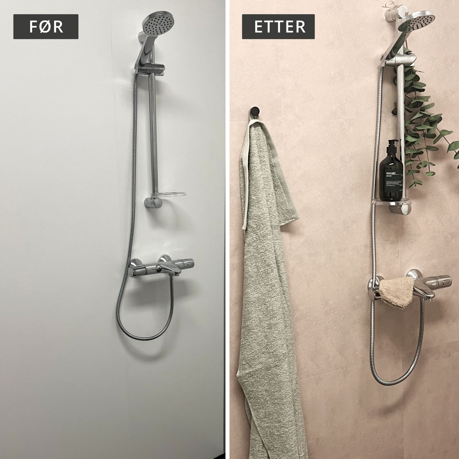 Dusjsone med varme beige fliser i betonglook.