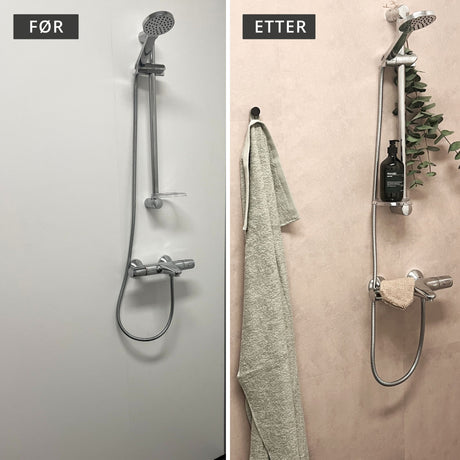 Dusjsone med varme beige fliser i betonglook.