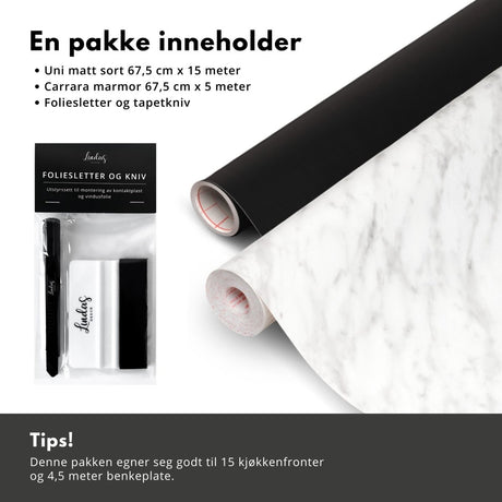Sort kjøkken med marmor benkeplate kjøkkenkit - Lindas Dekor Kjøkkenkit