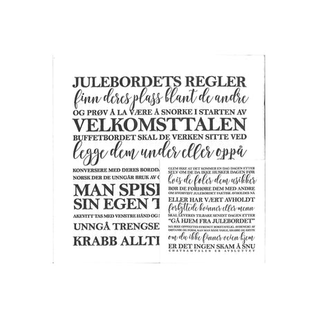 Serviett med humoristiske «Julebordets regler» trykt i svart tekst.