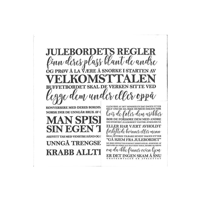 Serviett med humoristiske «Julebordets regler» trykt i svart tekst.