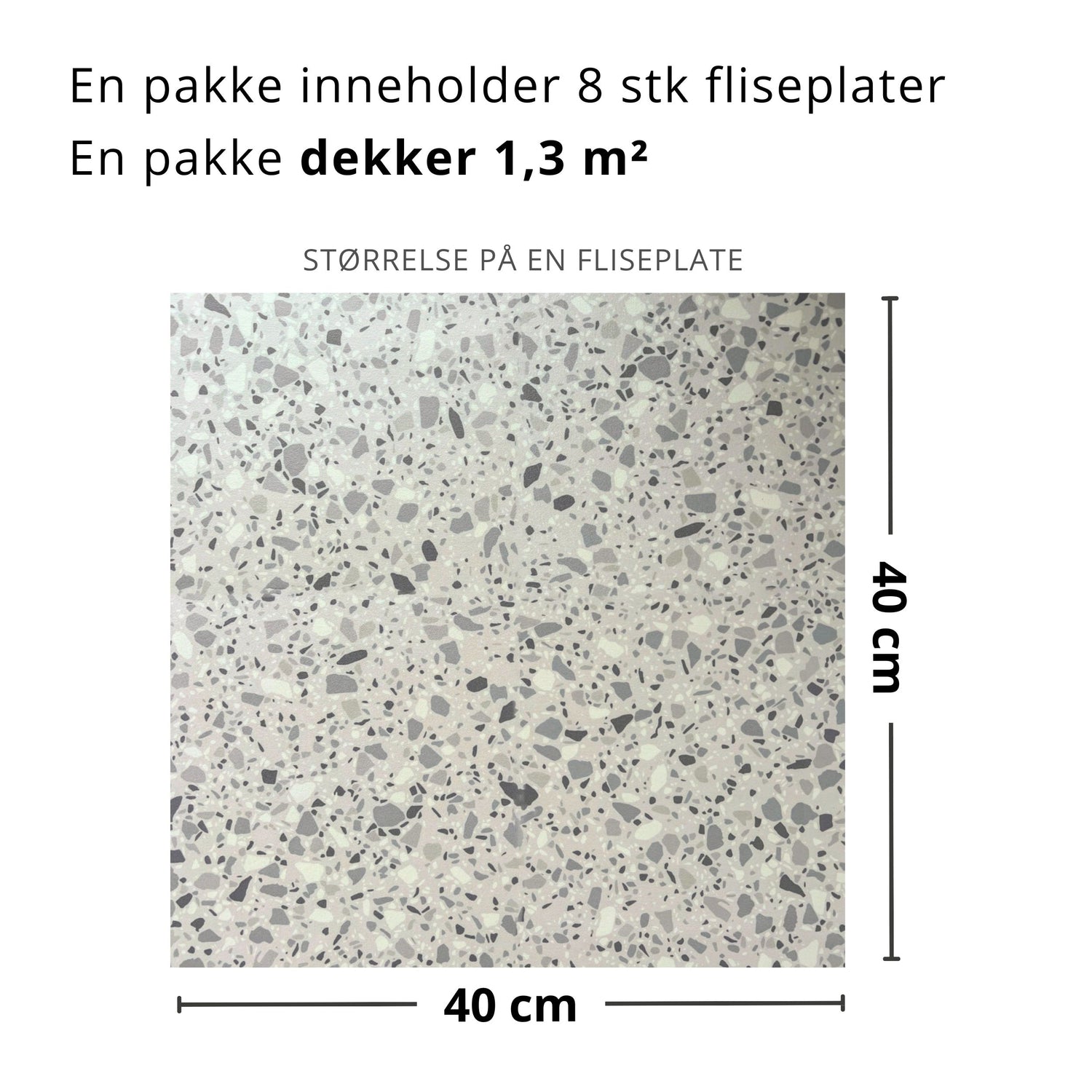 "Nærbilde av London terrazzo selvklebende fliser med beige og grå terrazzo-mønster"