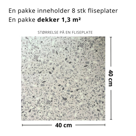"Nærbilde av London terrazzo selvklebende fliser med beige og grå terrazzo-mønster"