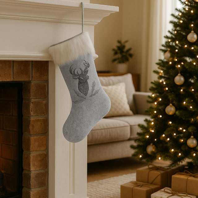 Grå julestrømpe i filt med reinsdyrmotiv og hvit pelskant, hengende på peis ved juletre pyntet med lys og julekuler.