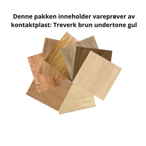 Vareprøvepakke av kontaktplast i brunt med gule toner. 