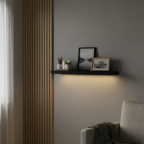 batteridrevet hylle i sort MDF med LED