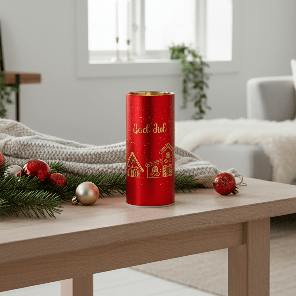 LED lyslygte God jul rød 7 x 15 cm - Lindas Dekor
