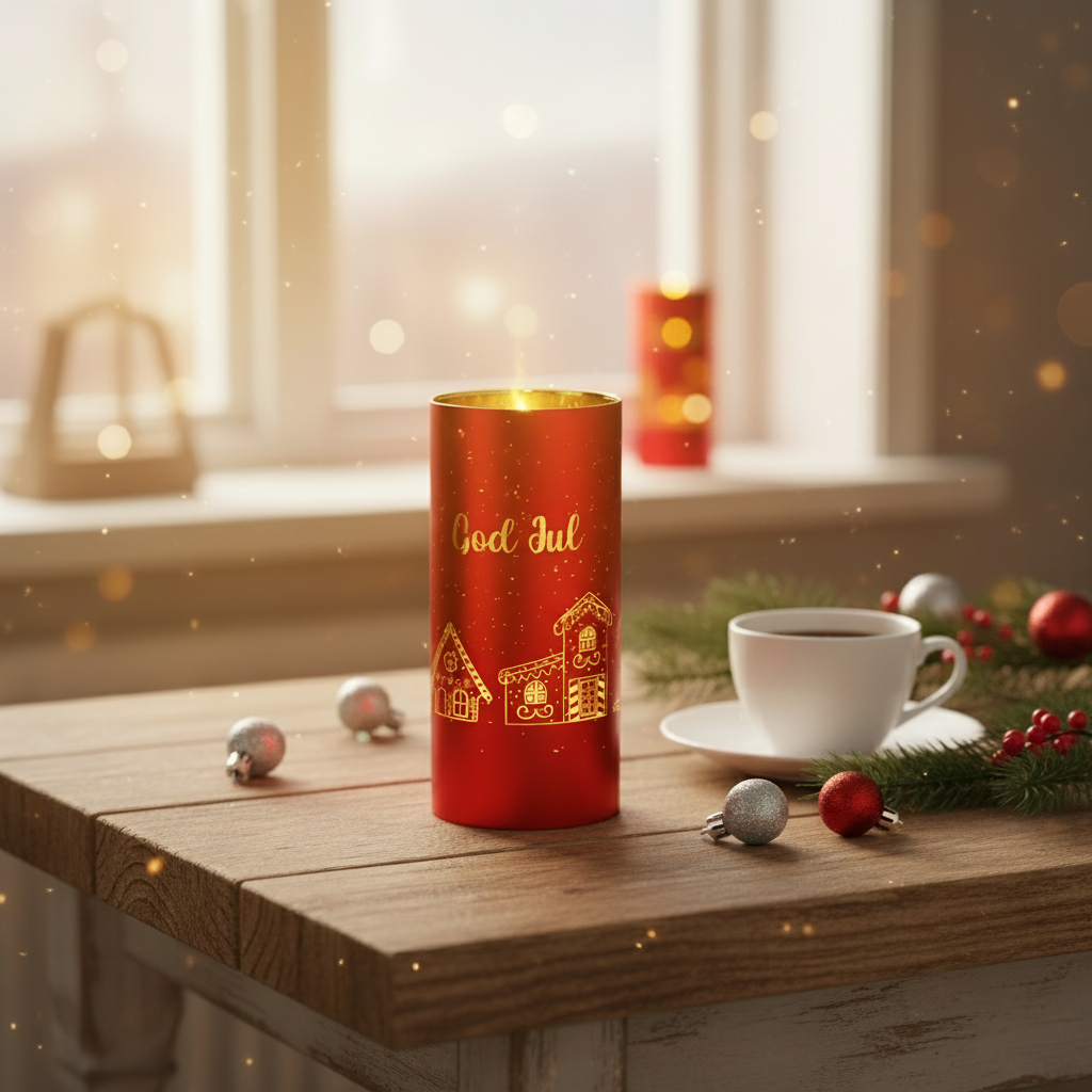 Rød pepperkakeby-lykt med 10 LED-lys tent på bord