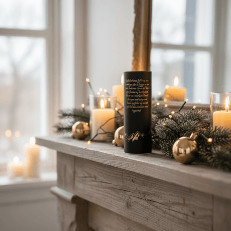 Hög svart lykta med guldtext och inbyggda LED-juleljus