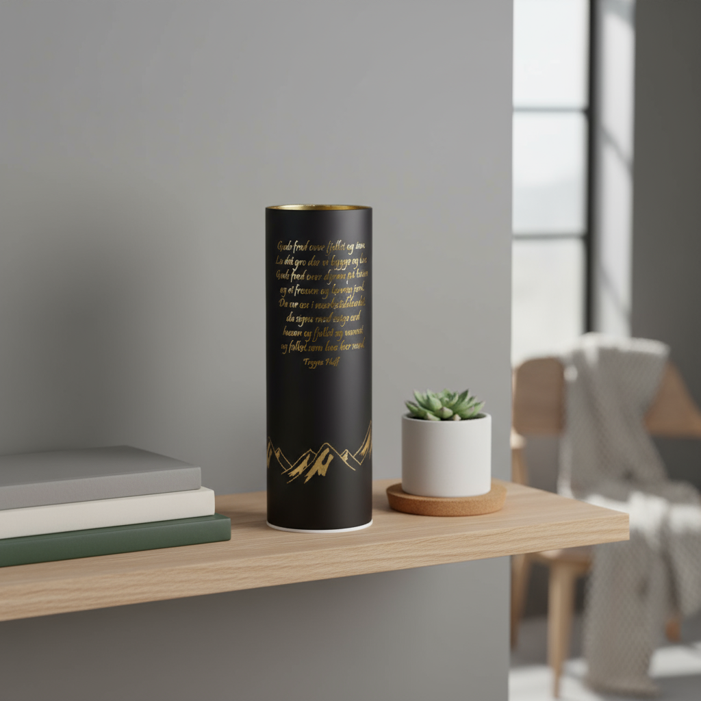 Sort lyslykt med Trygve Hoff-tekst og fjellmotiv i gull – LED-belysning fra Lindas Dekor