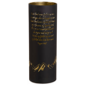 Høy sort lyslykt med gulltekst og innebygd LED-lys jul