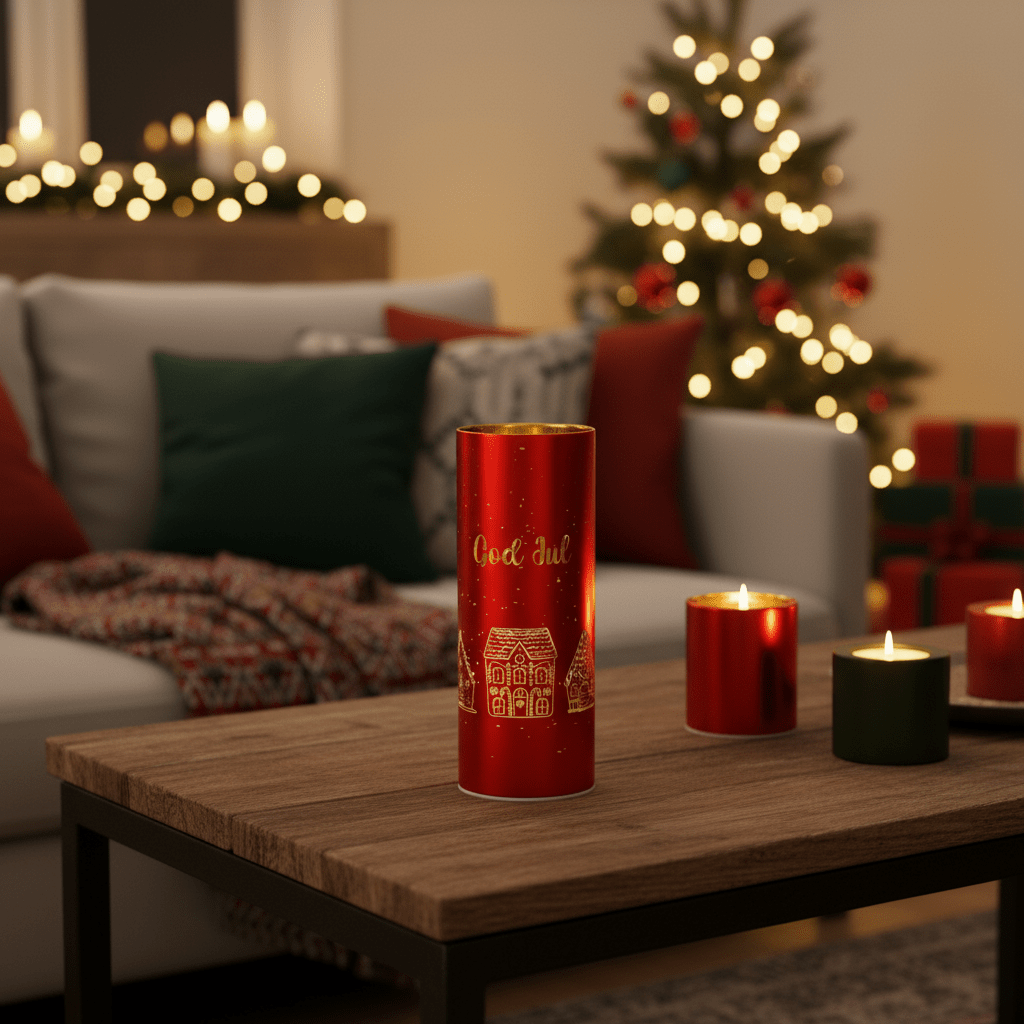 Rød LED-lyslygte med God Jul - 8 x 20cm - Lindas Dekor