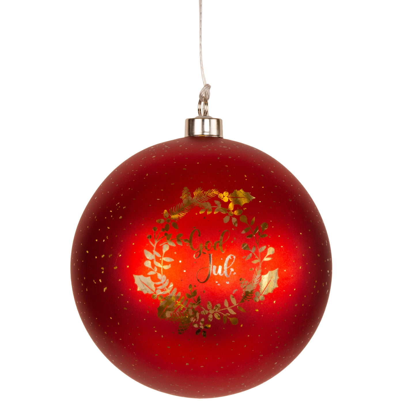 Rød rund lyslykt med teksten God Jul og LED-lys