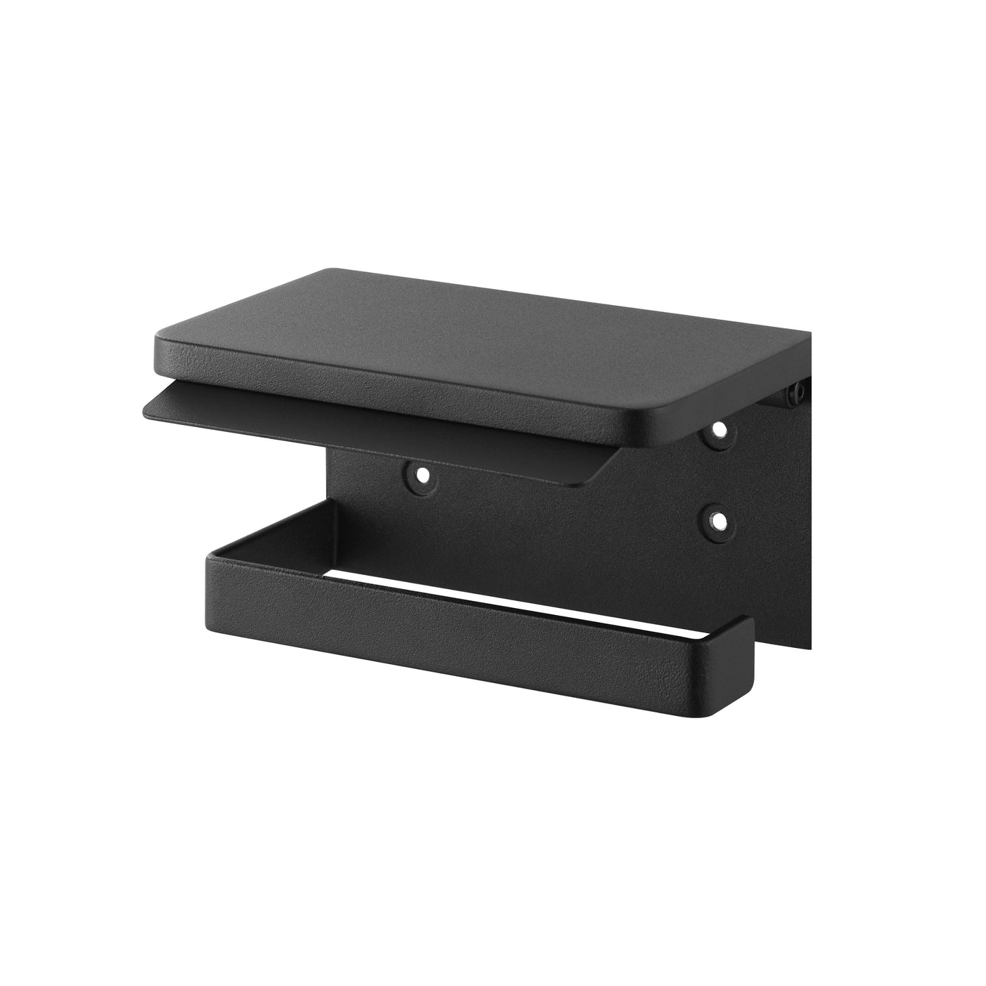 Funksjonell toalettpapirholder i sort metall med hylle, enkel montering og robust konstruksjon.