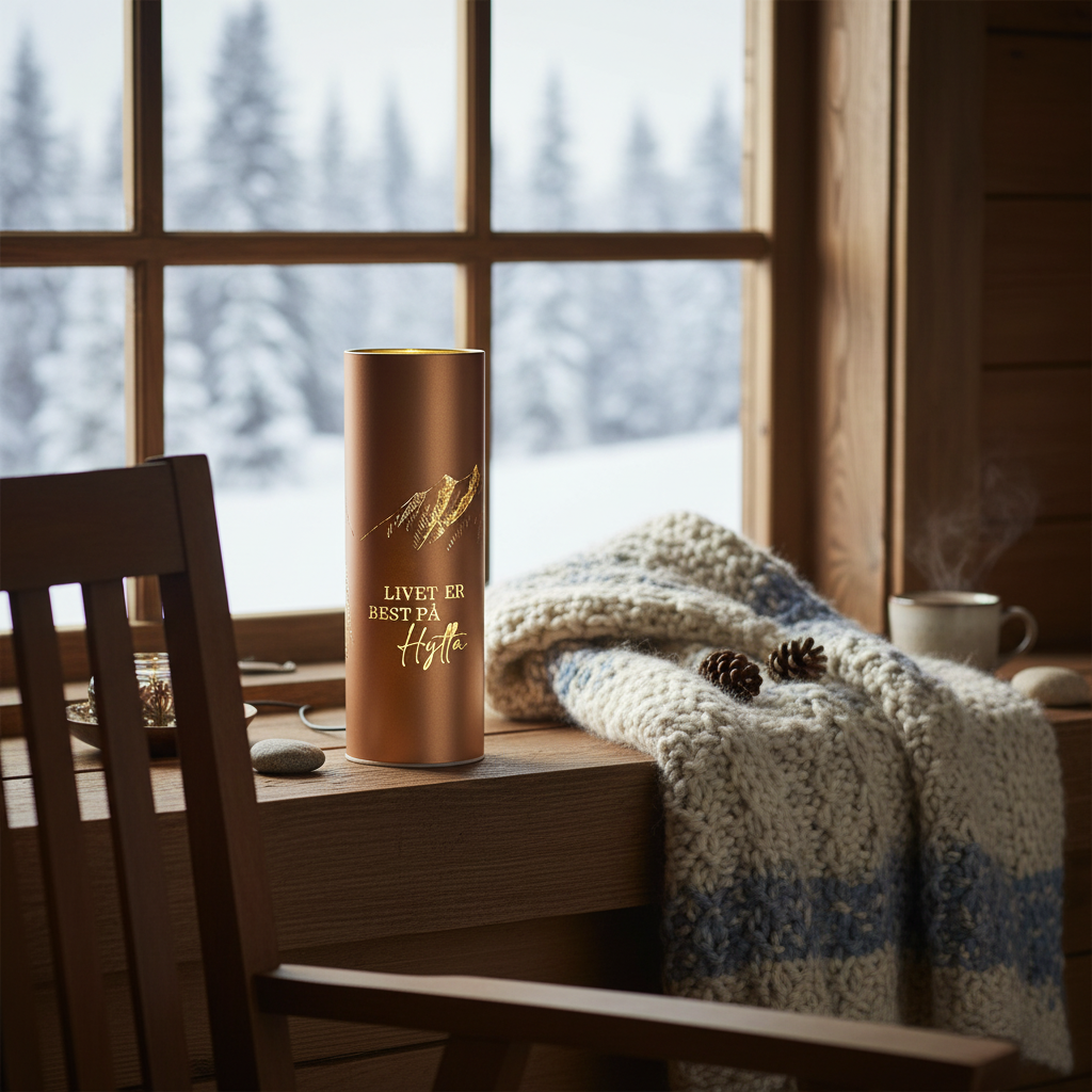 LED-lykt med fjellmotiv og varm belysning i brun finish