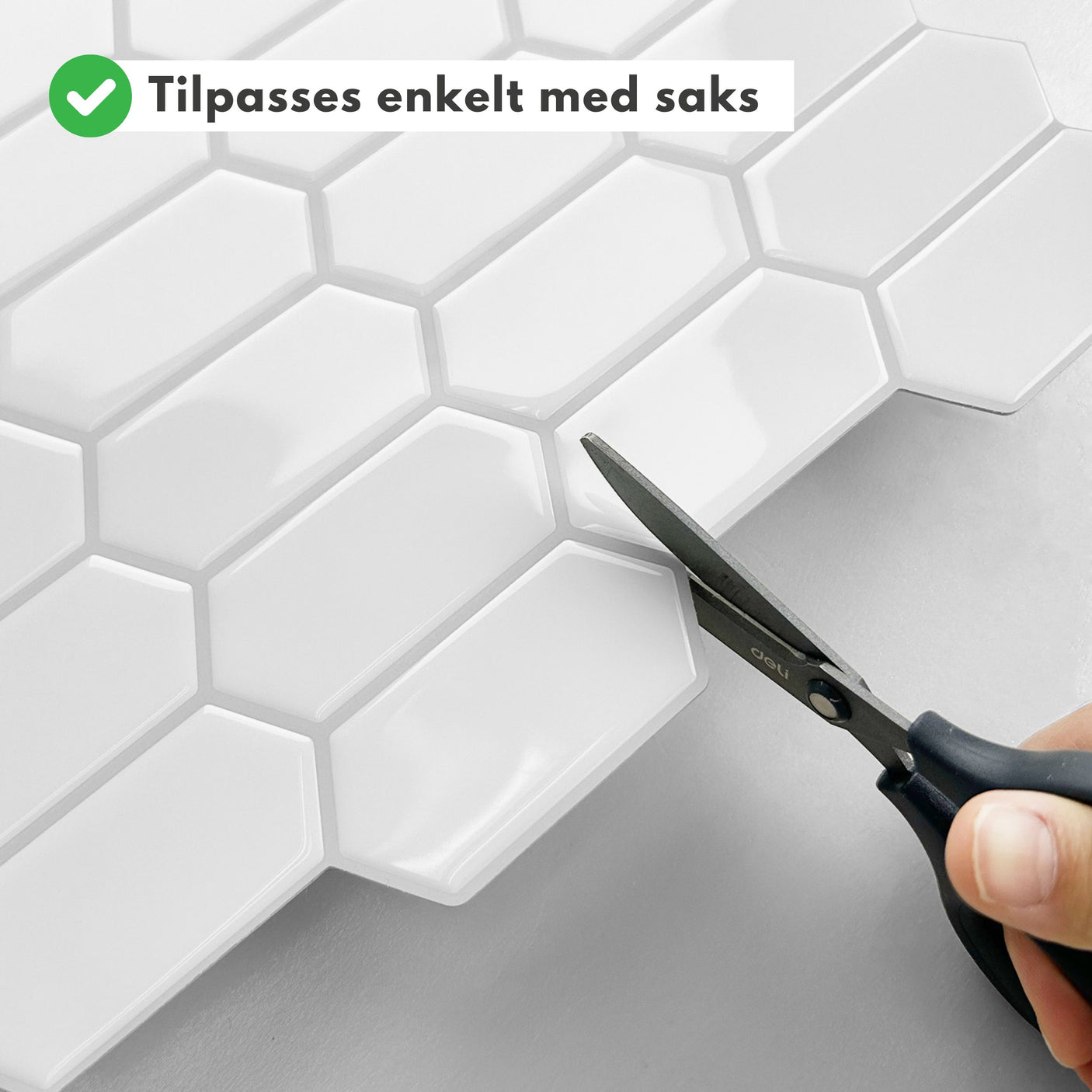 Fleksibel selvklebende veggfliser med avlang hexagon mønster i hvit med grå fug