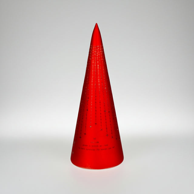 Rød kjegleformet LED-lykt med teksten Det lyser i stille grender