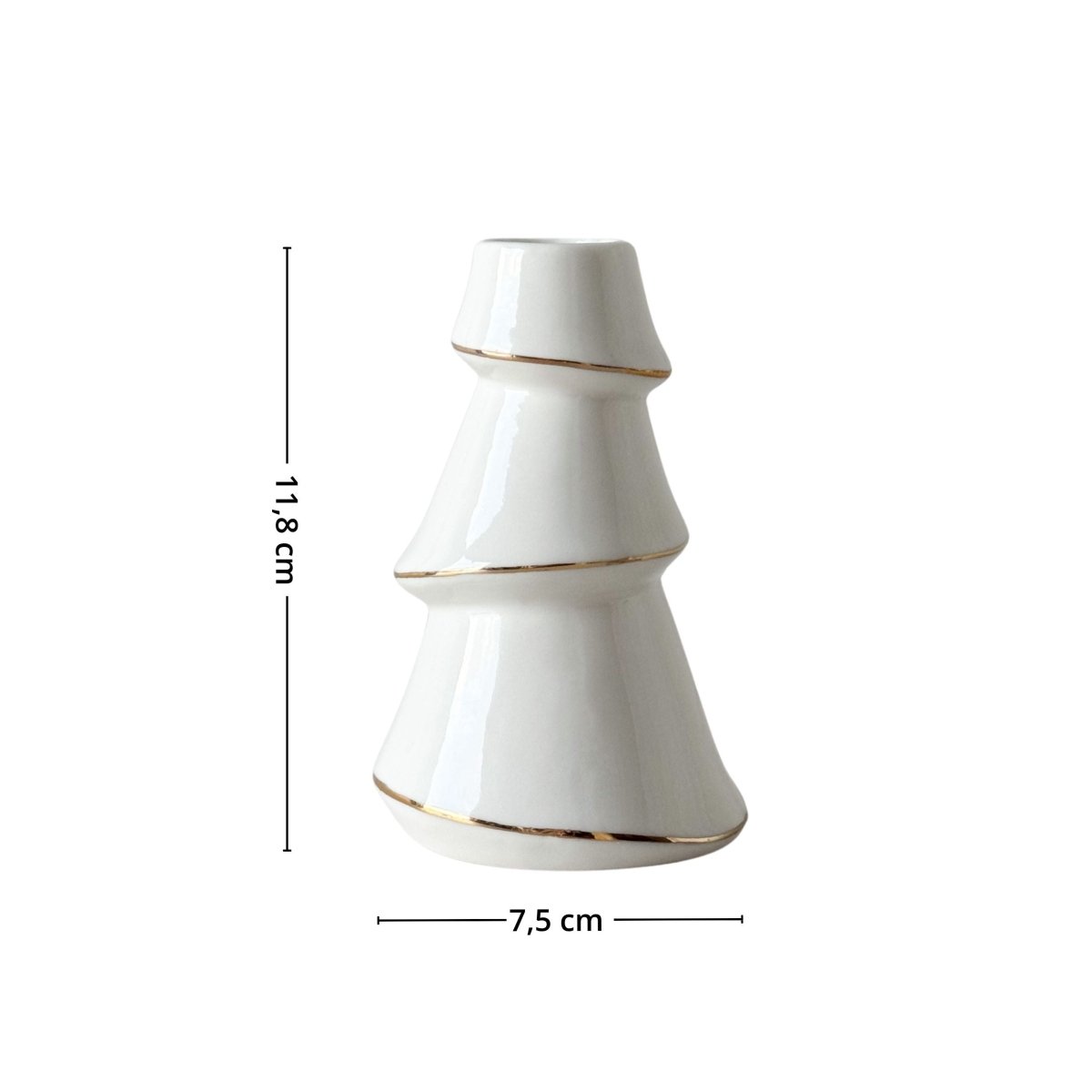Vit ljusstake formad som julgran med guldkant, 11,8 cm högt och 7,5 cm brett