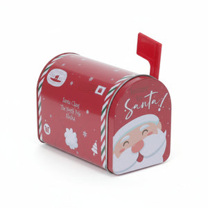 Små metallbokser i postkasseform – rød og grønn juledekor