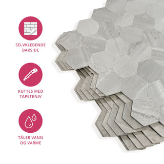 Vareprøve: Hexagon lysegrå betong selvklebende veggfliser