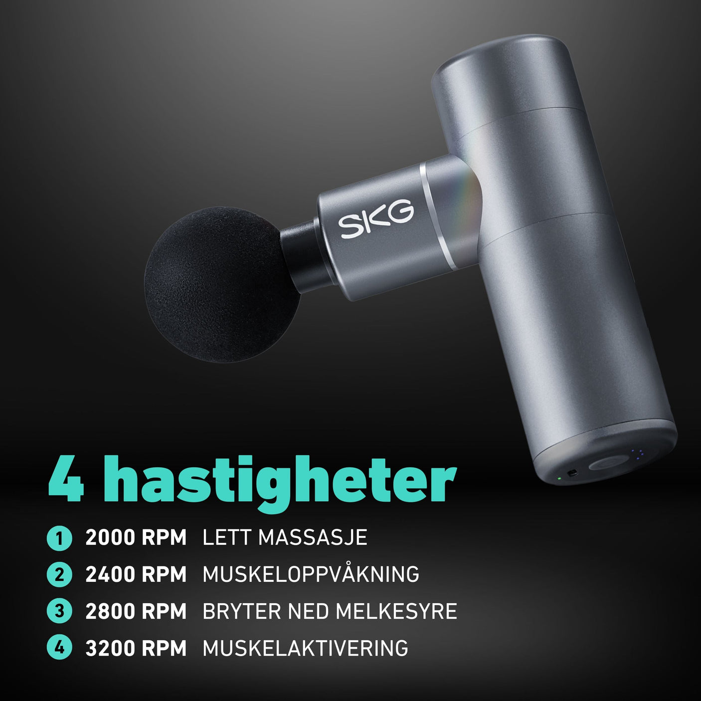 Oppladbar massasjepistol med flere hastighetsnivåer for tilpasset behandling.