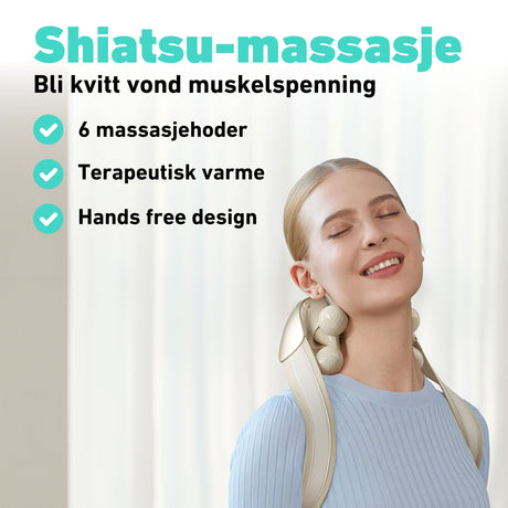 Trådløst nakke- og skuldermassasjeapparat med varmefunksjon.