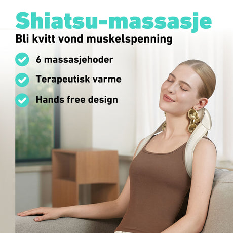 Trådløs massasjeenhet for effektiv avspenning i nakke og skuldre.
