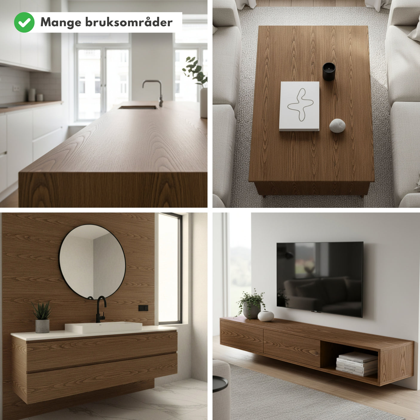 Kollasj som viser London Oak kontaktplast brukt på kjøkkenbenk, sofabord, baderomsinnredning og TV-benk – naturtro eikedesign i moderne, nordiske hjem.