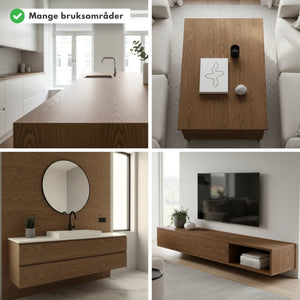 Kollasj som viser London Oak kontaktplast brukt på kjøkkenbenk, sofabord, baderomsinnredning og TV-benk – naturtro eikedesign i moderne, nordiske hjem.