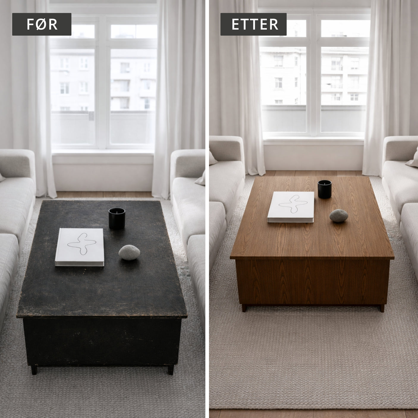 Før- og etterbilde av sofabord oppgradert med London Oak kontaktplast – slitt, svart bord før og varmt eikeutseende etter montering i lys, nordisk stue.