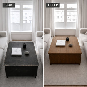 Før- og etterbilde av sofabord oppgradert med London Oak kontaktplast – slitt, svart bord før og varmt eikeutseende etter montering i lys, nordisk stue.