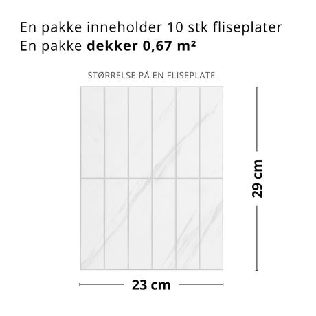 Størrelsesguide for Alma hvit marmor fliser.
