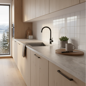 Limewash beige kontaktplast på benkeplate på et nordisk kjøkken