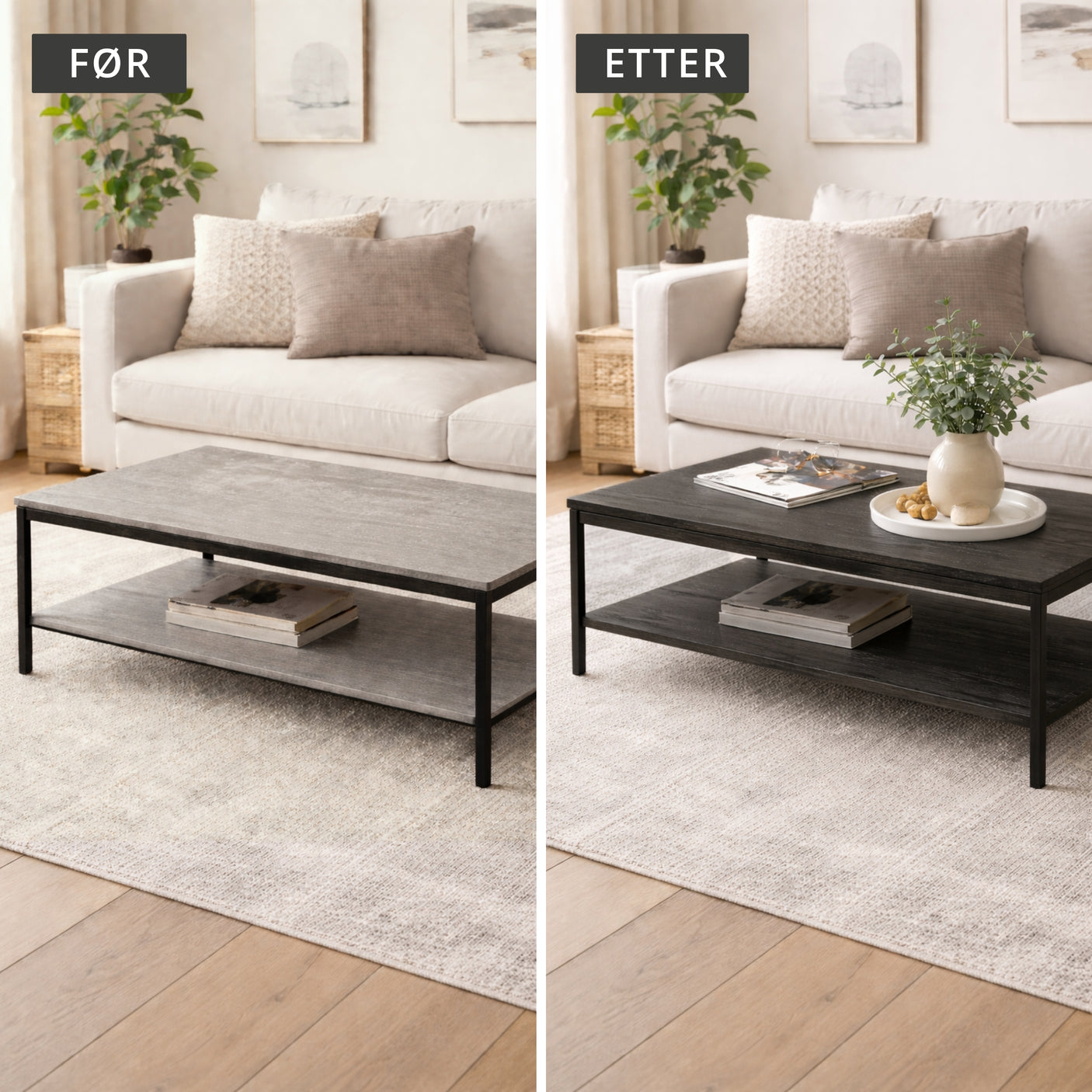Før og etter av Premium blackwood manchester kontaktplast på et stuebord